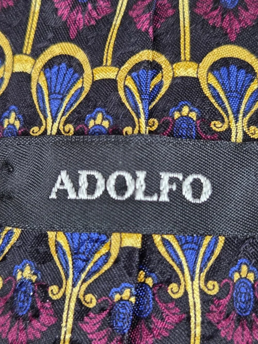 Adolfo 100% Silk Men's Tie Dark Red Blue Gold Repeating Pattern Office Gifts